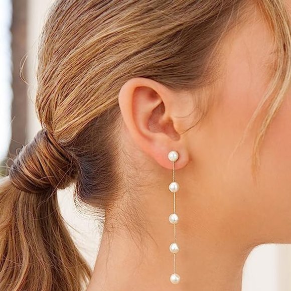 4" Long Baroque Pearl Silver Chain Earrings Bridal Bride Chains Faux Pearls New - Picture 3 of 7